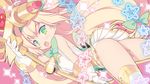  1girl arc_system_works bell blade_(galaxist) blazblue blonde_hair gloves green_eyes hair_ribbon magical_girl open_mouth pantyshot platinum_the_trinity quad_tails skirt staff thighhighs twintails 
