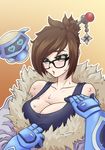  black-framed_eyewear blush breasts brown_eyes brown_hair cleavage drone eyes_visible_through_hair fur fur-trimmed_jacket fur_trim glasses hair_bun hair_ornament hair_stick heart heart-shaped_pupils highres jacket kawa-v large_breasts mei_(overwatch) open_mouth overwatch parka snowball_(overwatch) solo sweat symbol-shaped_pupils tank_top upper_body 