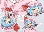  &gt;_&lt; :d bat_wings blue_hair brooch chibi closed_eyes d: dress dx hat hat_ribbon jewelry long_sleeves looking_at_viewer mob_cap multiple_views open_mouth pink_dress piyokichi red_eyes red_ribbon remilia_scarlet ribbon short_hair smile tongue tongue_out touhou upside-down wings xd 