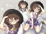  &gt;:( ;( bangs blush blush_stickers bolo_tie bow brown_footwear brown_hair closed_eyes collared_shirt dojikko_pose fedora flying_sweatdrops frame frown glasses grey_background hair_between_eyes hand_up hat hat_bow ipad laughing low_twintails miniskirt multiple_views one_eye_closed open_mouth piyokichi plaid plaid_skirt plaid_vest purple_skirt purple_vest quimbaya_airplane red-framed_eyewear semi-rimless_eyewear shirt shoes simple_background sitting skirt skirt_set tablet_pc thighs tongue tongue_out touhou twintails under-rim_eyewear upper_body usami_sumireko v-shaped_eyebrows vest wariza white_legwear white_shirt 