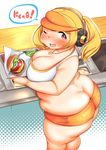  1girl blonde_hair blush breasts brown_eyes cleavage fat food hamburger headphones huge_breasts looking_at_viewer nitroplus plump short_hair smile solo super_pochaco twintails visor white_bikini wide_hips 