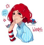  braid freckles highres ozumii red_hair smug solo striped twin_braids twintails wendy's wendy_(wendy's) 