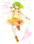  ;d \m/ character_name dated frilled_skirt frills green_hair happy_birthday haruhitaso macross macross_frontier one_eye_closed open_mouth ranka_lee red_eyes seikan_hikou skirt smile solo standing standing_on_one_leg star white_background 