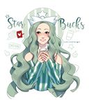  coffee copyright_name cropped_torso crown detached_sleeves green_hair heart highres image_sample long_hair ozumii personification shirt simple_background smile spoken_heart starbucks starbucks_siren striped striped_shirt twitter_sample very_long_hair white_background 