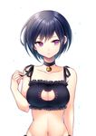  bangs bell bell_choker black_bra black_hair bra breasts cat_cutout cat_lingerie choker cleavage cleavage_cutout closed_mouth collarbone commentary expressionless eyebrows_visible_through_hair frilled_bra frills hand_up hips holding jingle_bell koyoka looking_to_the_side medium_breasts meme_attire mole mole_under_eye navel original purple_eyes short_hair simple_background solo tsurime underwear upper_body white_background 