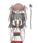  &gt;_&lt; arm_warmers asagumo_(kantai_collection) black_hair black_skirt brown_hair bunny clinging closed_eyes detached_sleeves hair_ornament hair_ribbon hands_up kantai_collection kneehighs long_hair miniskirt multiple_girls nontraditional_miko nuno_(pppompon) pleated_skirt red_skirt ribbon school_uniform short_hair short_sleeves skirt suspenders twintails yamashiro_(kantai_collection) 