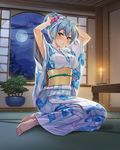  adjusting_hair arms_up candle candlelight floral_print full_moon hair_ornament indoors japanese_clothes kimono light_blue_hair long_sleeves looking_at_viewer moon night obi official_art on_floor orsaga_capture parted_lips sash sitting solo torte_(orsaga_capture) updo wide_sleeves window yellow_eyes yokozuwari 