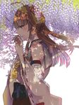  ahoge bare_shoulders brown_hair commentary_request cowboy_shot detached_sleeves double_bun eyebrows_visible_through_hair flower hairband headgear kantai_collection kongou_(kantai_collection) long_hair nontraditional_miko rinto_(rint_rnt) smile solo tree wisteria 