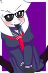  anthro arin black_eyes black_hands black_tongue blush breasts caprine clothing embarrassed eyewear female fur glasses goat hair horn legwear long_ears long_tongue looking_at_viewer mammal mustarrboy school simple_background stockings suit tongue tongue_out uniform white_fur white_hair 