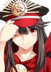  ;) adjusting_clothes adjusting_hat bangs black_hair blush cape closed_mouth collarbone commentary_request family_crest fate_(series) hat koha-ace long_hair looking_at_viewer oda_nobunaga_(fate) oda_uri one_eye_closed peaked_cap portrait red_eyes shiseki_hirame sidelocks smile solo swept_bangs 