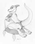  2017 anthro bare_back ecmajor female horn kobold looking_at_viewer open_mouth simple_background smile solo teeth traditional_media_(artwork) white_background 