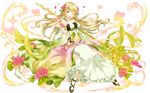 blonde_hair blush dress floating_hair flower full_body hair_flower hair_ornament heart highres holding holding_staff long_hair looking_at_viewer magi_memo navel official_art one_eye_closed petals red_eyes simple_background solo staff white_background 