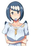  blue_eyes blue_hair blue_shirt condom condom_in_mouth denki_shougun freckles hairband long_hair mouth_hold pokemon pokemon_(anime) pokemon_sm_(anime) ribbon ribbon_trim shirt short_sleeves simple_background solo suiren's_mother_(pokemon) white_background white_hairband yellow_ribbon 