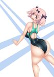  +_+ 1girl ass blue_eyes blush bow breasts competition_swimsuit hair_bow hair_ornament hibari_(senran_kagura) highres large_breasts looking_at_viewer looking_back one-piece_swimsuit open_mouth pink_hair ponpo senran_kagura senran_kagura_(series) short_hair short_twintails smile swimsuit symbol-shaped_pupils twintails 