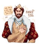  absurdres beard brown_hair burger_king cropped_torso crown english facial_hair highres jewelry laughing male_focus mustache necklace ozumii ring simple_background smile solo the_king white_background 