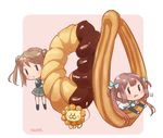  :3 arm_warmers artist_name asagumo_(kantai_collection) brown_hair chocolate double_bun doughnut eyebrows_visible_through_hair food french_cruller hair_ribbon kantai_collection long_hair michishio_(kantai_collection) multiple_girls nuno_(pppompon) pleated_skirt pon_de_lion ribbon school_uniform simple_background skirt suspenders tail twintails 