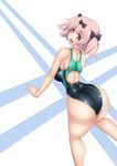  1girl all_fours ass bare_shoulders blue_eyes breasts hair_ribbon hibari_(senran_kagura) huge_ass large_breasts looking_at_viewer looking_back open_mouth pink_hair ponpo senran_kagura sideboob smile solo sweat swimsuit tagme 