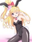  amraam120c animal_ears asahina_mirai black_legwear black_leotard blonde_hair bunny_ears bunny_tail bunnysuit cure_miracle hat high_ponytail leotard long_hair looking_at_viewer magical_girl mahou_girls_precure! mini_hat mini_witch_hat one_eye_closed open_mouth pantyhose precure purple_eyes solo strapless strapless_leotard tail v_over_eye witch_hat wrist_cuffs 