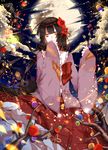 alternate_eye_color bangs black_hair bow branch cloud commentary_request covering_mouth floating_hair floral_print flower frilled_sleeves frills full_moon hair_flower hair_ornament highres hime_cut holding houraisan_kaguya jeweled_branch_of_hourai long_hair long_skirt looking_at_viewer moon red_bow red_skirt skirt sleeves_past_wrists smile solo spell_card touhou transparent_(randomhs) very_long_hair wide_sleeves yellow_eyes 