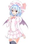  :d bat_wings black_legwear blue_hair blush bow bowtie breasts cowboy_shot fang frilled_shirt frills hair_between_eyes hat hat_bow juliet_sleeves junior27016 lace lace-trimmed_thighhighs layered_skirt long_sleeves looking_at_viewer miniskirt mob_cap open_mouth pink_shirt pink_skirt pointy_ears puffy_sleeves red_bow red_eyes red_neckwear remilia_scarlet shirt short_hair sketch skirt small_breasts smile solo thighhighs touhou wings zettai_ryouiki 