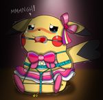  ball_gag bdsm bondage bound cosplay_pikachu female gag gagged hi_res nintendo pok&eacute;mon rope simple_background soupcanz video_games 