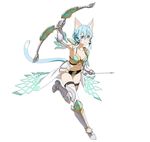  animal_ears arm_up armor armored_boots arrow bikini_armor black_ribbon blue_eyes blue_hair boots bow_(weapon) breasts cat_ears cat_tail cleavage detached_sleeves full_body gauntlets hair_between_eyes hair_ribbon holding holding_weapon knee_boots leg_up medium_breasts midriff navel official_art ribbon short_hair_with_long_locks shoulder_armor sidelocks simple_background sinon sinon_(sao-alo) solo spaulders stomach sword_art_online sword_art_online:_code_register tail thigh_strap thighhighs weapon white_background white_legwear 