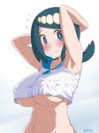  akadama armpits arms_behind_head arms_up blue_eyes blue_hair blush breasts cosplay covered_nipples crop_top crop_top_overhang freckles hairband large_breasts pokemon pokemon_(anime) pokemon_sm_(anime) shirt sleeveless sleeveless_shirt solo suiren's_mother_(pokemon) suiren_(pokemon) suiren_(pokemon)_(cosplay) underboob undersized_clothes upper_body white_hairband white_shirt 