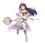  ahoge armor armored_boots bikini_armor boots breasts collarbone detached_sleeves floating_hair full_body gauntlets hairband knee_boots leg_up long_hair looking_at_viewer midriff navel official_art pointy_ears purple_hair red_eyes red_hairband shoulder_armor simple_background small_breasts smile solo spaulders staff standing stomach sword_art_online sword_art_online:_code_register thigh_strap thighhighs very_long_hair white_background white_legwear yuuki_(sao) 