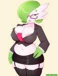  2019 absurd_res big_breasts blush breasts cleavage clothed clothing digital_media_(artwork) eyewear female gardevoir garter_straps glasses green_hair hair hair_over_eye half-closed_eyes hand_on_hip hi_res hotkeke1 humanoid legwear looking_aside mammal midriff navel nintendo nipple_bulge not_furry pok&eacute;mon pok&eacute;mon_(species) pose red_eyes simple_background skirt slightly_chubby solo standing thick_thighs thigh_highs tight_clothing video_games 