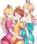  blonde_hair blue_eyes breast_rest breasts bursting_breasts covered_navel crown dress girl_sandwich hair_over_one_eye large_breasts long_hair mario_(series) medium_breasts multiple_girls nagase_haruhito princess_daisy princess_peach red_hair rosetta_(mario) sandwiched simple_background skin_tight skindentation small_breasts super_mario_bros. super_mario_galaxy thighs tight_dress white_background 