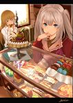  1other absurdres androgynous aqua_eyes aqua_skirt blonde_hair blue_eyes blurry blush cake chevalier_d'eon_(fate/grand_order) depth_of_field eating fate/grand_order fate_(series) food formal from_above fruit hair_between_eyes highres indoors jacket long_hair looking_at_viewer marie_antoinette_(fate/grand_order) multiple_girls pastry perspective plate red_jacket sidelocks silver_hair sitting skirt skirt_set smile strawberry sweater white_sweater window yatsuka_(846) 