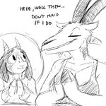  anthro black_and_white breasts caprine demon dialogue duo english_text eyes_closed female goat halo hladilnik horn lucy_(hladilnik) male mammal monochrome smile text tommy_(hladilnik) 