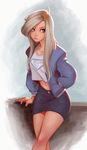  alanna_(amelion) blonde_hair blue_eyes borrowed_character carlos_eduardo commentary crop_top crossed_legs hand_in_pocket highres jacket long_hair looking_to_the_side midriff miniskirt open_clothes open_jacket original sitting skirt solo white_hair 