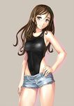  blue_eyes breasts brown_hair contrapposto cowboy_shot denim denim_shorts grey_background grin hand_on_hip highleg highleg_swimsuit katahira_masashi long_hair looking_at_viewer medium_breasts one-piece_swimsuit original short_shorts shorts simple_background smile solo standing swimsuit swimsuit_under_clothes 