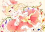  blonde_hair blue_flower bow bowtie crystal fang flandre_scarlet flower frilled_hat frilled_skirt frills hands_over_mouth hat hat_ribbon heart heart-shaped_pupils looking_at_viewer mob_cap open_mouth pink_background purple_flower red_eyes red_flower red_ribbon red_skirt red_vest ribbon side_ponytail skirt solo symbol-shaped_pupils toadstool_(natadekoko) touhou vest white_hat wings wrist_cuffs yellow_bow yellow_flower yellow_neckwear 