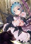  apron blue_eyes blue_hair breasts chain cleavage detached_collar detached_sleeves fingernails flail hair_ornament hair_over_one_eye hair_ribbon hairband highres large_breasts long_fingernails morning_star motion_blur pointing pointing_at_viewer re:zero_kara_hajimeru_isekai_seikatsu rem_(re:zero) ribbon short_hair solo waist_apron weapon wide_sleeves x_hair_ornament yoyo2doggness 