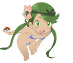  :d :o bare_arms bent_over bikini blue_bikini blush breasts cleavage commentary_request cropped_legs dark_skin eyebrows_visible_through_hair flower green_eyes green_hair hair_flower hair_ornament hand_on_own_knee happy hips leaning_forward legs legs_apart long_hair looking_at_viewer mao_(pokemon) navel ookamiuo open_mouth pokemon pokemon_(game) pokemon_sm round_teeth simple_background small_breasts smile solo standing stomach swimsuit teeth trial_captain twintails upper_teeth white_background 