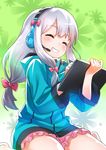  barefoot blush bow drawing eromanga_sensei frills grin hair_bow headset izumi_sagiri jacket long_hair low-tied_long_hair pajamas pink_bow silver_hair sitting smile solo tablet tabobox wariza 