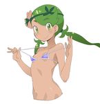  bare_arms bikini breasts closed_mouth commentary_request dark_skin eyebrows_visible_through_hair flower green_eyes green_hair hair_flower hair_ornament long_hair mao_(pokemon) navel ookamiuo pokemon pokemon_(game) pokemon_sm simple_background small_breasts smile solo strap_lift swimsuit trial_captain twintails upper_body white_background 