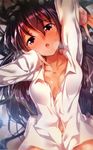  bad_id bad_pixiv_id black_eyes black_hair blouse breasts collarbone commentary_request head_tilt lips looking_at_viewer lying naked_shirt on_back open_mouth original ryouma_(galley) shirt small_breasts solo white_blouse 