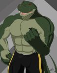  2015 5_fingers abs alligator biceps big_biceps big_muscles claws clothed clothing crocodilian fist huge_muscles ignitedstar male muscular muscular_male pants pecs red_eyes reptile scalie scar simple_background teeth topless triceps vein 