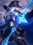  aiming arrow ashe_(league_of_legends) black_dress blue_eyes boots bow_(weapon) breasts cape drawing_bow dress fingerless_gloves gloves glowing glowing_weapon holding holding_arrow holding_bow_(weapon) holding_weapon hood league_of_legends long_hair marisa_oh medium_breasts outstretched_arm pauldrons silver_hair solo thigh_boots thighhighs watermark weapon web_address 