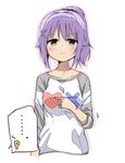  1girl :3 amaa_(chou_dennou_jidai) brown_eyes clothes_writing collarbone commentary hair_ornament idolmaster idolmaster_cinderella_girls koshimizu_sachiko long_sleeves looking_at_viewer no older pointing ponytail purple_hair raglan_sleeves shirt simple_background solo spoken_ellipsis sweatdrop t-shirt upper_body white_background x_hair_ornament yes 