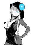  blue_eyes breasts center_opening cleavage closed_mouth commentary_request constricted_pupils dress electro_emilia hair_over_one_eye hand_on_hip hood ken_(koala) large_breasts long_hair looking_at_viewer monochrome original panties short_dress simple_background sketch skin_tight smile solo spot_color standing underwear white_background 