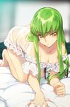  barefoot bed_sheet breasts c.c. cleavage code_geass creayus green_hair long_hair looking_at_viewer lying medium_breasts nightgown pillow shiny shiny_hair solo yellow_eyes 