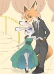  2016 anthro bare_shoulders buckteeth canid canine claws clothing disney dress dress_shoes duo ear_piercing female footwear fox fur green_eyes grey_fur hand_holding hi_res inner_ear_fluff inside jewelry judy_hopps lagomorph larger_male long_ears male mammal multicolored_fur necklace nick_wilde open_mouth open_smile orange_fur piercing puki purple_eyes rabbit shoes size_difference smaller_female smile standing teeth tuxedo two_tone_fur zootopia 