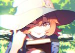  ;p adjusting_clothes adjusting_hat blurry book chromatic_aberration hat holding holding_book little_witch_academia luo. one_eye_closed orange_hair outdoors red_eyes shiny_chariot short_hair smile solo tongue tongue_out upper_body white_hat witch_hat 