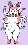  2017 anthro areola big_breasts breasts digital_media_(artwork) eeveelution eyes_closed female mammal mr.under nintendo nude open_mouth peace_sign_(disambiguation) pok&eacute;mon pussy ribbons simple_background smile solo sylveon thick_thighs video_games wide_hips 