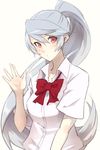  blue_hair bow dress_shirt highres labrys long_hair looking_at_viewer persona persona_4:_the_ultimate_in_mayonaka_arena ponytail rdc7229 red_eyes school_uniform shirt solo upper_body very_long_hair waving white_shirt 