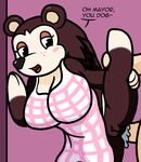  2017 anal anal_penetration animal_crossing anthro apron big_breasts blush breasts brown_fur clothing cum cum_in_ass cum_inside digital_media_(artwork) duo english_text female fur hedgehog human human_on_anthro interspecies male male/female mammal mr.under nintendo open_mouth penetration penis sable_able sex simple_background smile text video_games 